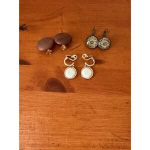 3 Vintage Clip Earrings Boho Lotus Brass Monet White Cabochon Faux Copper Dome